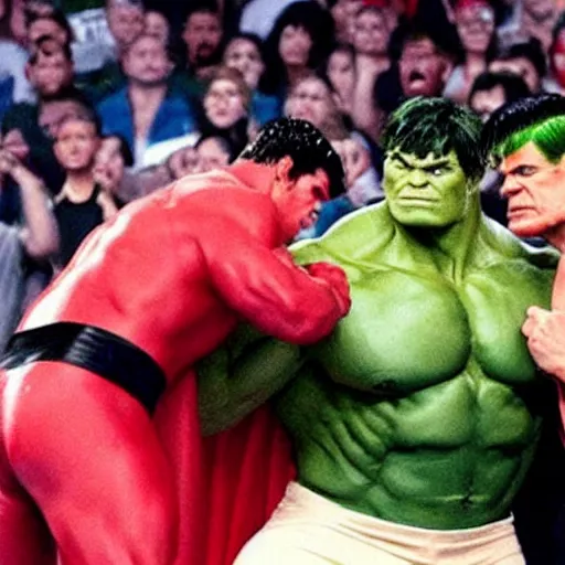 Prompt: supermen and hulk at WWE smacking down Vince McMahon