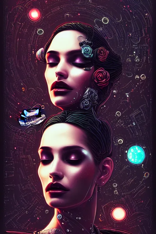 Prompt: dreamy cyberpunk space princess smelling a rose, abstract black leather, digital nodes, beautiful woman, detailed acrylic, grunge, intricate complexity, by dan mumford and by lee jeffries, peter lindbergh