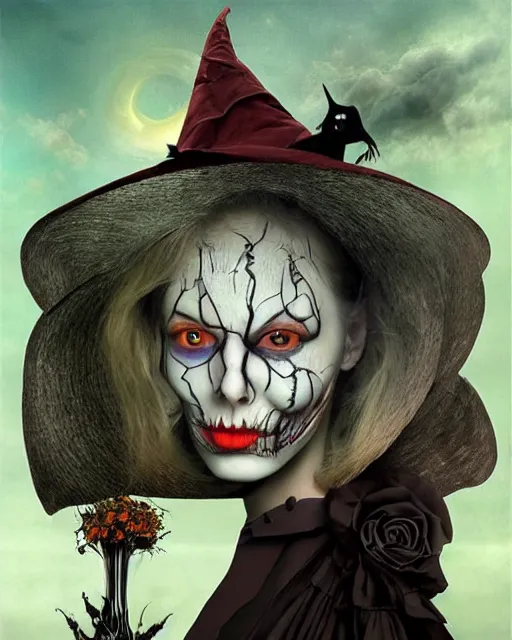 Image similar to halloween witch theme surrealist art in the styles of igor morski, jim warren, and a tim burton film, intricate, hyperrealistic, accurate facial details, profile picture with chromakey background, volumetric lighting