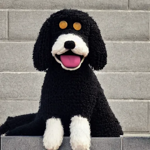 Image similar to a closeup photorealistic photograph of a cute smiling knitted bernedoodle judge dog dressed in a black gown, presiding over the courthouse. indoor image, professional capture, well lit shot. this 4 k hd image is trending on artstation, featured on behance, well - rendered, extra crisp, features intricate detail, epic composition and the style of unreal engine.