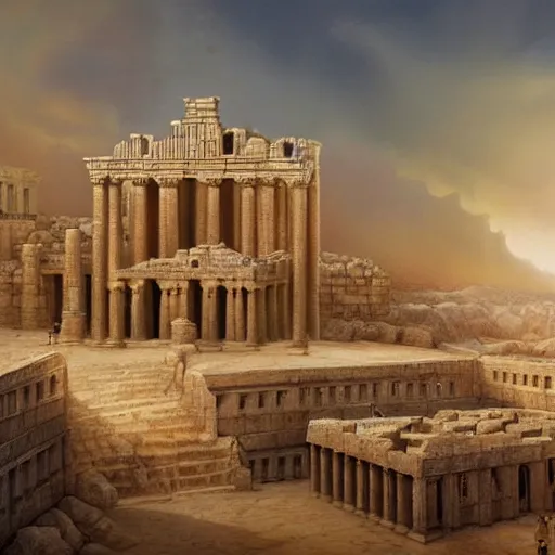 Prompt: a beautiful detailed and realistic matte painting of Herod’s Temple in Jerusalem aflame