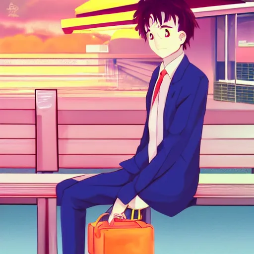 Prompt: salary man sitting on a bench in an airport, vaporwave nostalgia, commodore 6 4, visual novel cg, 8 0 s anime vibe, kimagure orange road, maison ikkoku, trending on artstation