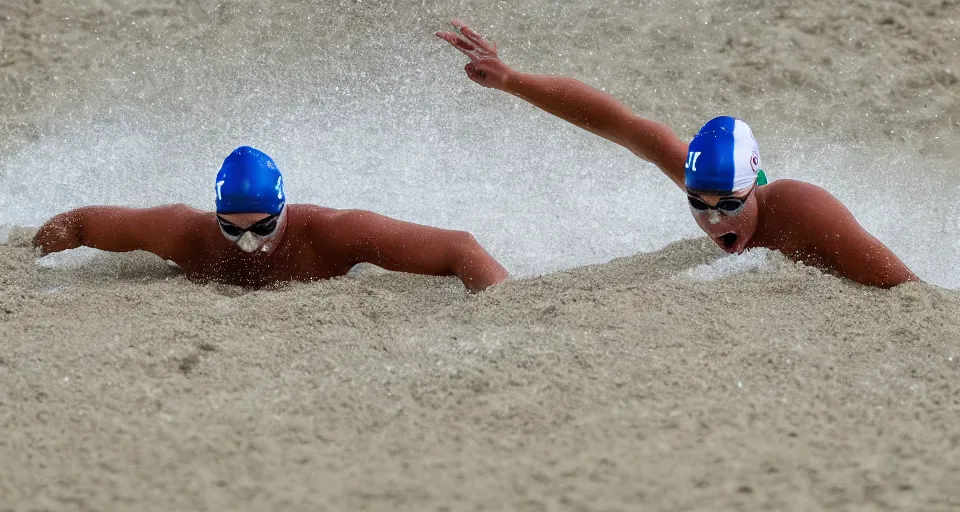 Image similar to olympic swimming in sand instead of water, extremely coherent, motion blur