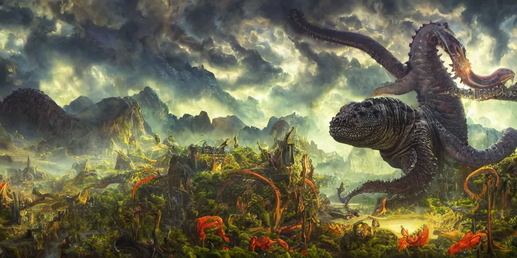 Image similar to fantasy oil painting, great leviathan, cybernetic turtle cephalopod terrapin reptilian pachyderm squid, bella hadid, hybrid, milla jovovich, anubis, epic natural light, lush plants flowers, spectacular mountains, bright clouds, luminous sky, outer worlds, golden hour, michael cheval, edward hopper, michael whelan, vray, hd