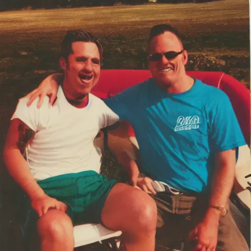 Prompt: polaroid of Homelander and Billy Butcher on holday having a great time together