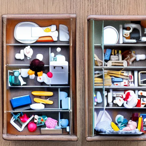 Prompt: Miniature people living in dresser drawers