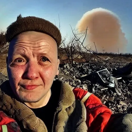 Prompt: last selfie of last alive ukrainian very damaged after a nuclear strike, a nuclear explosions in the background, hyper - realistic 2 0 2 2