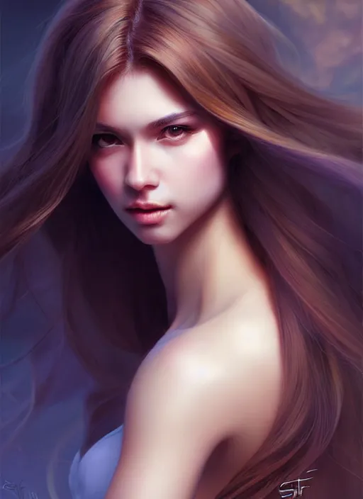 Image similar to a gorgeous female with long soft hair in the style of stefan kostic, realistic, full body shot, wide angle, sharp focus, 8 k high definition, insanely detailed, intricate, elegant, art by stanley lau and artgerm, floating embers