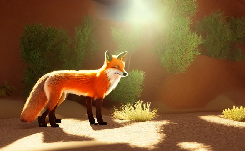 Image similar to a fox in a dessert oasis. daylight. sunlight. lens flare. light fixtures. art in apunkalypse style. 8K. detailed. photorealism. artstation. 35mm. ultra realistic