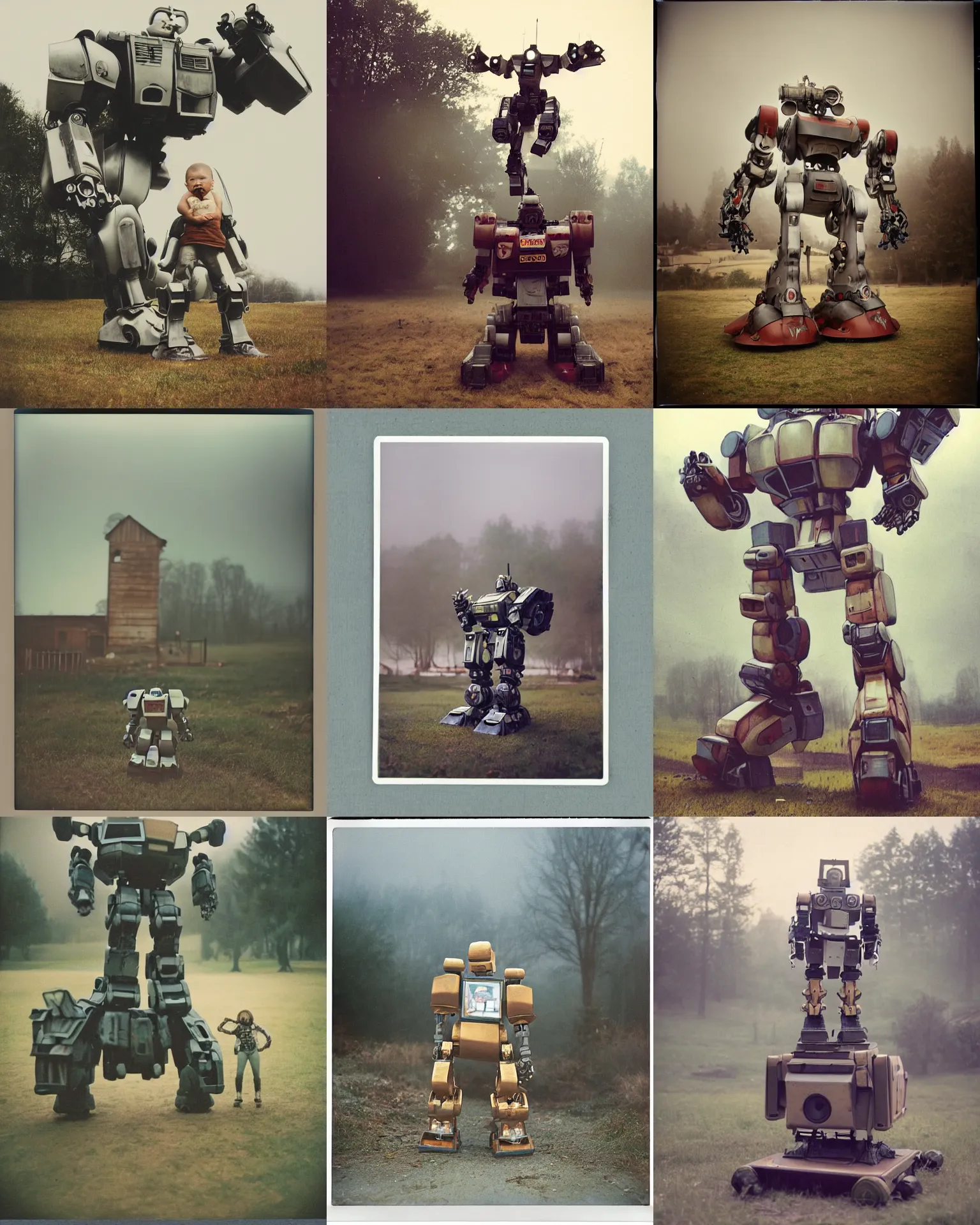 Prompt: giant oversized battle pose robot mech as giant baby on a village, Cinematic focus, Polaroid photo, vintage, neutral colors, soft lights, foggy, by Steve Hanks, by Serov Valentin, by lisa yuskavage, by Andrei Tarkovsky