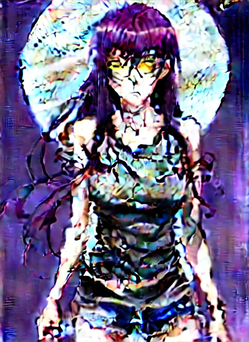 Prompt: style of madhouse studio anime, rei hiroe black lagoon manga, loish, artgerm, joshua middleton comic art, portrait of revy from black lagoon, purple hair, chinese, symmetrical eyes and symmetrical face, jean shorts, white tank top, waist up, sarcastic evil smirk on face, natural lighting, sky and ocean background