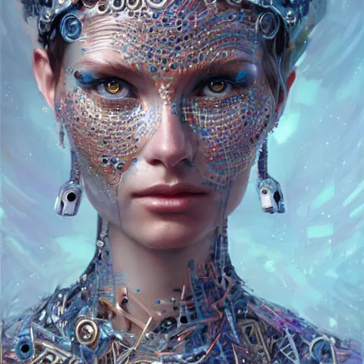 Image similar to a robotic goddess, jewelry skin, highly detailed, digital painting, smooth, sharp, beautiful face, expressive eyes, highly intricate, art by greg rutkowski and alex gray