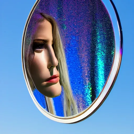 Prompt: beautiful iridescent metal mirror face, smooth, reflections, proud, looking away, outdoor, blue sky, 8 k, realistic, highly detailed, award winning photography