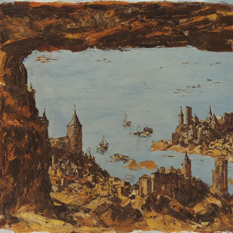 Prompt: in the style of andreev, alex, art of a medieval castle and bustling town floating on top of a giant rock next to a beach and a clear blue sea mountain range
