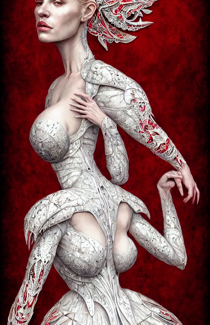 Image similar to epic professional digital portrait of gorgeous thin white woman, epic armoured red party dress, painted, intricate, detailed, by leesha hannigan, wayne haag, reyna rochin, ignacio fernandez rios, mark ryden, iris van herpen, best on artstation, cgsociety, epic, stunning, gorgeous, much wow.