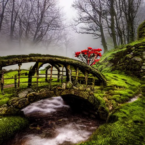 Prompt: spring festival at medieval hobbit village, ornate, beautiful, atmosphere, vibe, mist, smoke, fire, chimney, rain, wet, pristine, puddles, waterfall, melting, dripping, snow, creek, moss, ice, bridge, lightning, cobble, rainforest, roses, flowers, color page, 4 k, contest winner