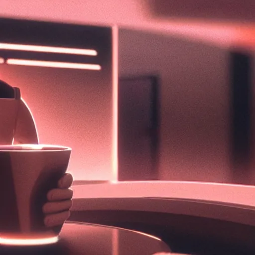 Image similar to a hyperrealistic octane render of max from flight of the navigator having coffee with hal 9 0 0 0, unreal engine, 8 k, ultrarealistic, photorealism