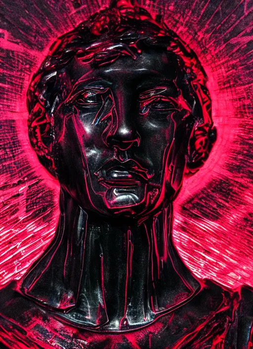 Image similar to dark design poster showing a close up of a heroic greco roman statue, black background with very subtle red and purple design elements, powerful, nekro, vito acconci, thin straight lines, dark, glitch art, neo vaporwave, gritty, layout frame, square, trending on artstation