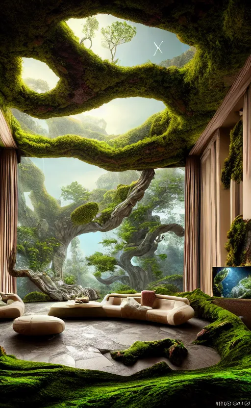 Image similar to highly detailed villa natural beautiful light interior soft cinematic composition of a smooth ceramic porcelain biomorphic magnolia stone nebula fluid sci - fi surreal colorful architecture landscape, furniture, granite, trees, marble, moss, lichen, fungi, vincent callebaut composition, mamou - mani, archviz, 8 k, unreal engine, hdr