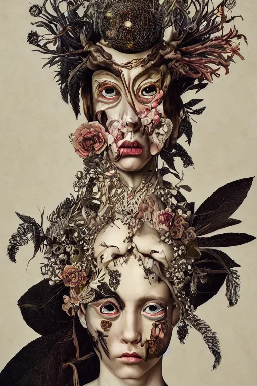 Image similar to Detailed maximalist portrait with large lips and wide white eyes, angry expression, HD 3D collage, highly detailed and intricate illustration in the style of Caravaggio and James Jean, surreal dark art, baroque