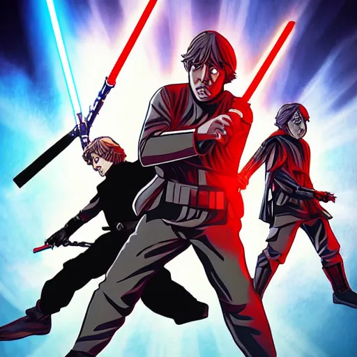 Image similar to Luke Skywalker dueling Darth Vader, Star Wars, anime, art in the style of Koyoharu Gotouge, detailed, high quality