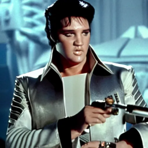 Image similar to elvis presley as a jedi in star wars, 1979 movie screen shot, epic lighting