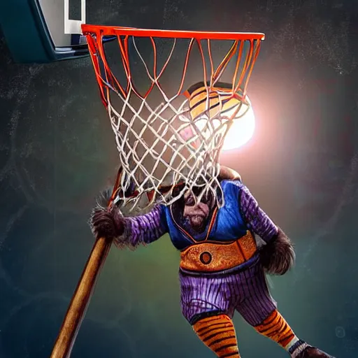 Image similar to a dwarf is dunking a basketball, digital art, highly detailed, realistic, bright colors, 8 k