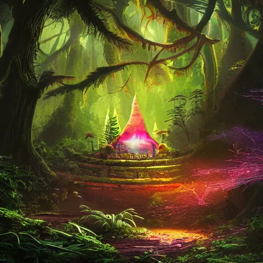 Prompt: Alien temple in a forest, light rays, colorful, fantasy sparkling magic fires, particles, exploration, incredible detail, professional composition, digital art, 4K