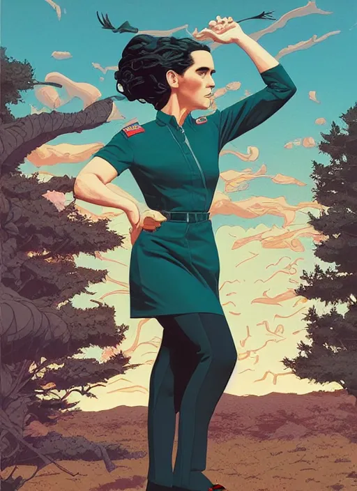 Image similar to poster artwork by Michael Whelan and Tomer Hanuka, Karol Bak of Jennifer Connelly wearing RR Double R diner waitress dress uniform, from scene from Twin Peaks, clean