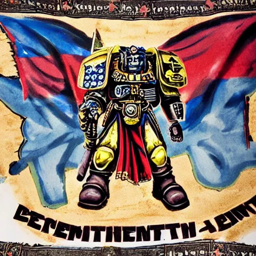 Image similar to anti - communist propaganda banner painting a space marine from warhammer 4 0 k fighting xenos written'defend the imperium'on the top, written'from xeno menace'on the bottom, warhammer 4 0 k, anti - communist banner, hightly detailed, digital art, illustration