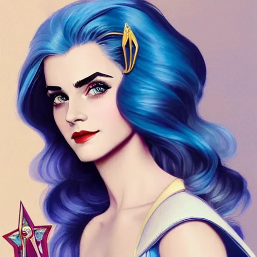 Prompt: A combination of Grace Kelly's and Emma Watson's and Katherine McNamara's faces with blue hair as She-Ra, western, D&D, fantasy, intricate, elegant, highly detailed, digital painting, artstation, concept art, matte, sharp focus, illustration, art by Artgerm and Greg Rutkowski and Alphonse Mucha