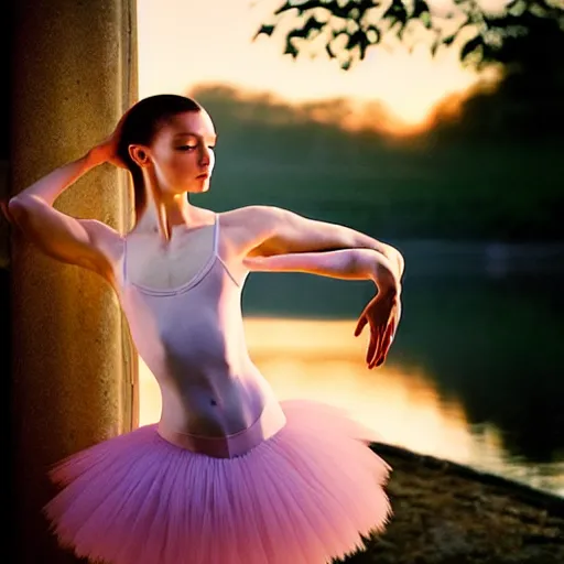 Prompt: photographic portrait of a stunningly beautiful ballet dancer renaissance female in soft dreamy light at sunset, beside the river, soft focus, contemporary fashion shoot, hasselblad nikon, in a denis villeneuve movie, by edward robert hughes, annie leibovitz and steve mccurry, david lazar, jimmy nelsson, hyperrealistic, perfect face