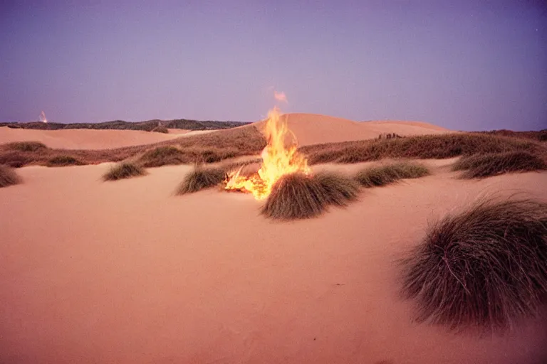 Image similar to blue hour, sand dunes beneath fire, 35mm, film photo, steve mccurry