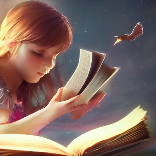 Prompt: a girl reading a magic book, magical creatures flying from the book, cinematic lightning, trending on artstation, 4k, hyperrealistic, focused, extreme details, masterpiece, unreal engine 5