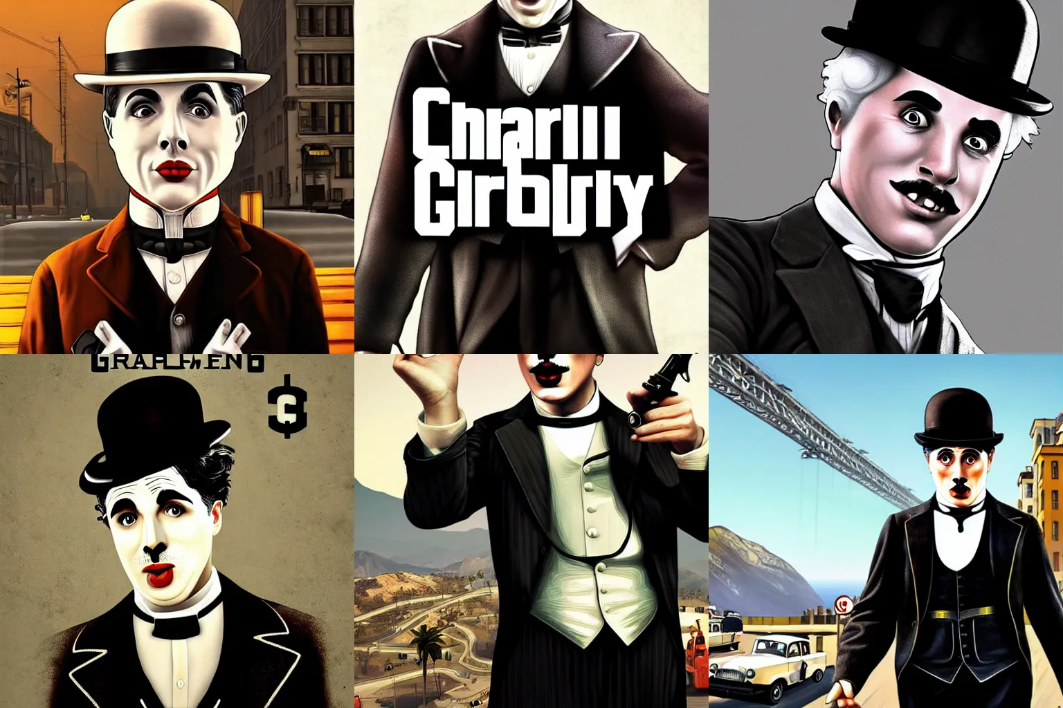 Prompt: Charlie Chaplin in Grand Theft Auto 5 cover art, epic, 4k resolution, extremely detailed, very sharp, artstation, digital art, vibrant,