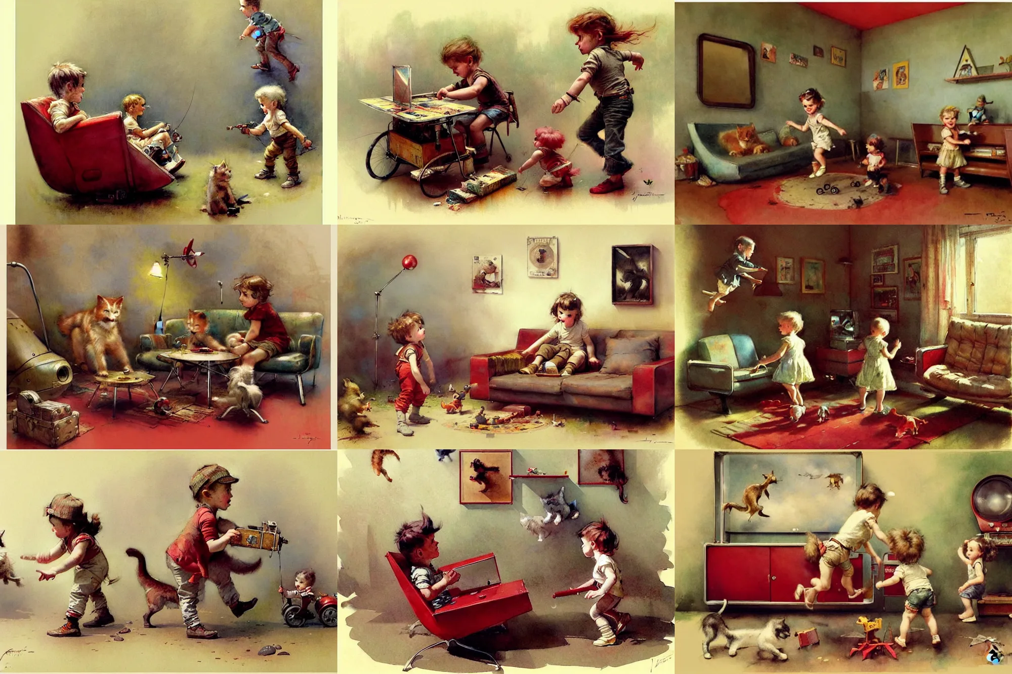 Prompt: adventurer ( ( ( ( ( 1 9 5 0 s retro future living room. muted colors. kids playing ) ) ) ) ) by jean baptiste monge!!!!!!!!!!!!!!!!!!!!!!!!! chrome red