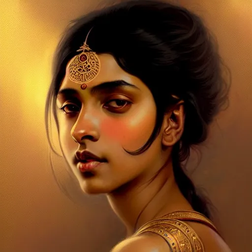 Image similar to Portrait of an indian girl with black hair, brown skin, glowing skin, fantasy, intricate, elegant, highly detailed, digital painting, artstation, concept art, smooth, sharp focus, illustration, art by Krenz Cushart and Artem Demura and alphonse mucha