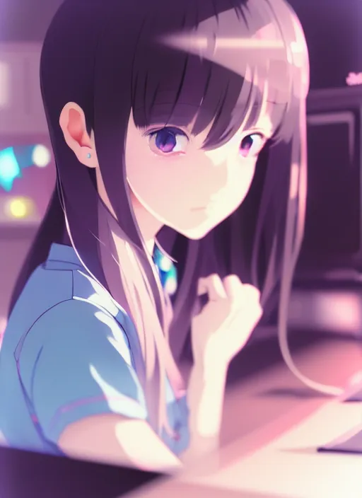 Image similar to a film still polaroid portrait of a young gamersgirl at a gaming pc, detailed features, perfect art, busy room, hd, gapmoe yandere, trending on pixiv fanbox, focussed painted by ilya kushinov makoto shinkai takashi takeuchi studio ghibli, akihiko yoshida, sachin teng, huang guangjian, artstation