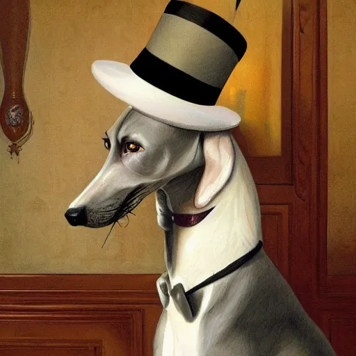 Prompt: Portrait of an anthropomorphic White Greyhound wearing a black fedora hat and smoking a cigar in a very smokey room. Very high quality. Drawn by James Christensen