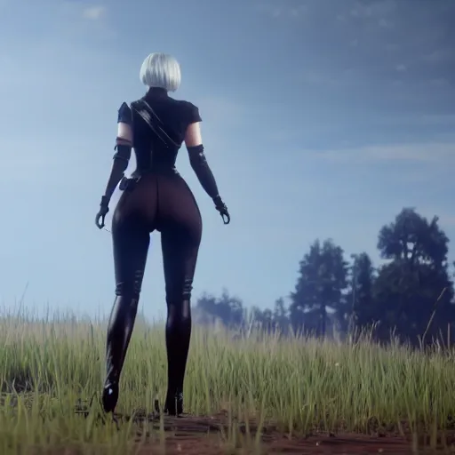 Image similar to Film still of 2B nier automata wearing skintight clothes in a field, from Red Dead Redemption 2 (2018 video game), trending on artstation, artstationHD, artstationHQ