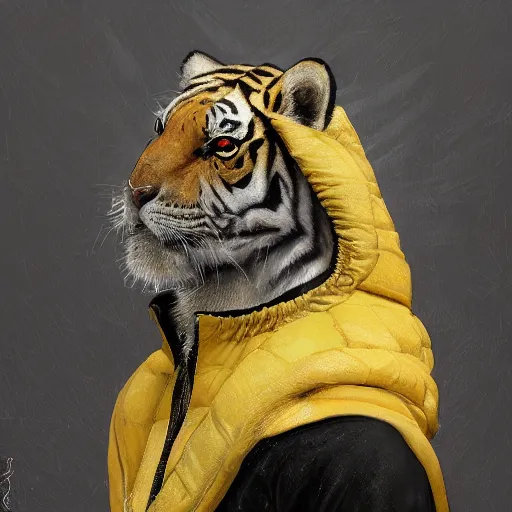 Image similar to a beautfiul award winning aesthetic commission of an antrho albino tiger wearing a yellow-black padded hooded puffer jacket,digital art,art by greg rutkowski,character design by charles bowater,ross tran,photorealistic,detailed face,hyperdetailed,western comic,2021,artstation,deviantart