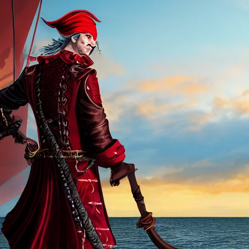 Prompt: a red male tiefling pirate wearing a pirate coat with shiny gold buckles and a rapier on his hip, standing at the prow of his ship looking out over the water, uhd, high detail, sunset lighting