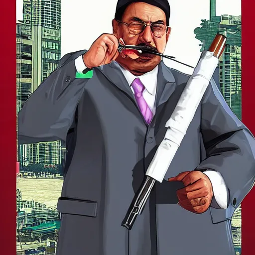 Image similar to Sheikh Mujib smoking a joint in the style of GTA V cover