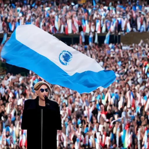 Image similar to Lady Gaga as president, Argentina presidential rally, Argentine flags behind, bokeh, giving a speech, detailed face, Argentina