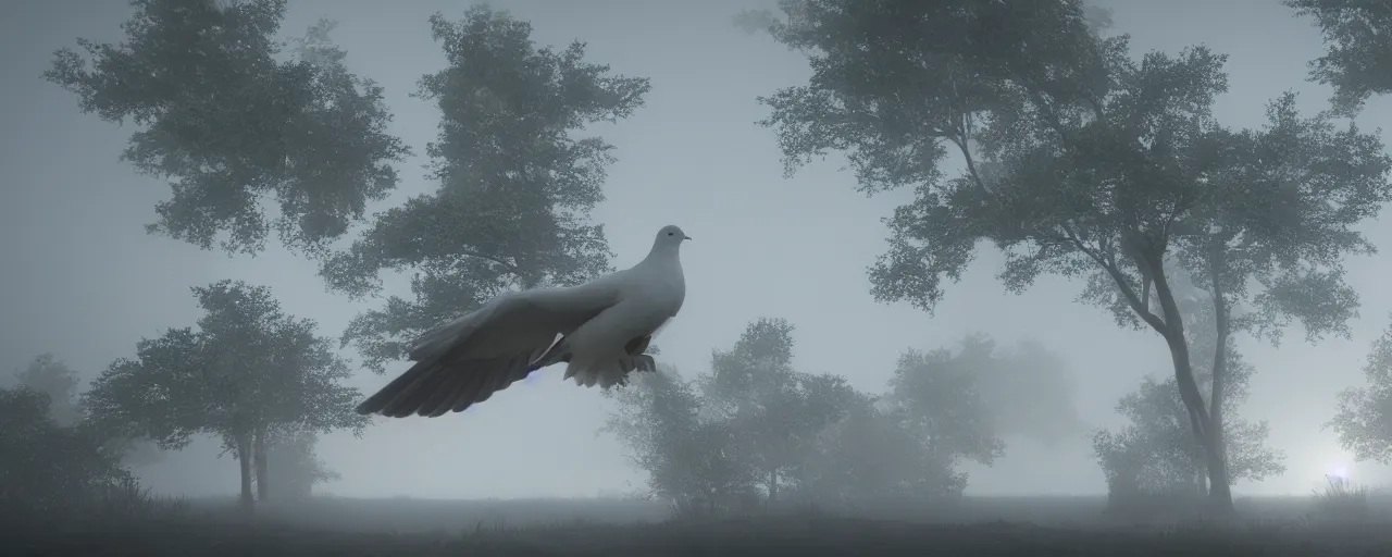 Image similar to dove, atmospheric, mist, epic, photorealistic, realistic, rule of thirds, extremely detailed, 4 k, 8 k, unreal engine 5 render, rim lighting, rtx, ray traced lighting, shot on 3 5 mm, film grain