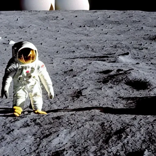 Prompt: penguin wearing spacesuit helmet, standing next to the Apollo lunar lander module, on the lunar surface. TV footage