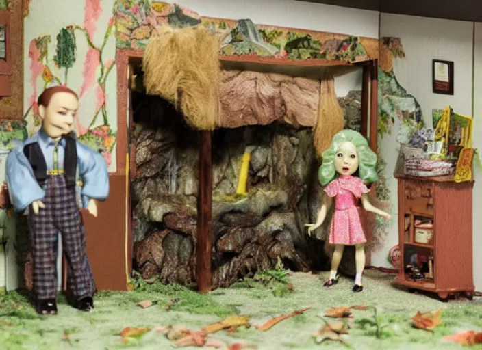 Image similar to Still frame from scene from the retro Twin Peaks made by doll miniatures diorama, directed by Nobuhiko Obayashi