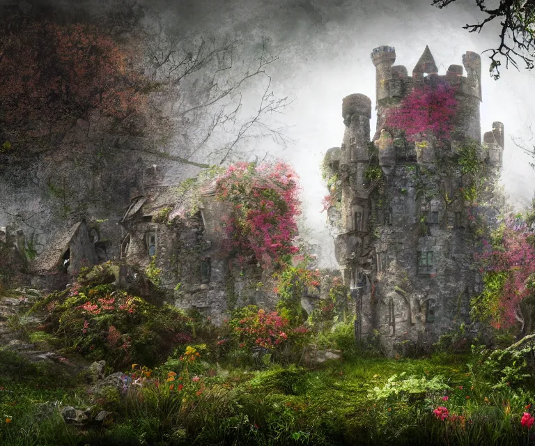 Image similar to old rundown castle in the middle of a haunted forest, foggy, high fantasy, colorful flowers, aged vegetation, photorealism