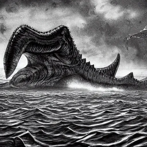 Prompt: Giant ancient Leviathan creature the size of a ship at the bottom of the ocean next to a sunken cargo ship, dark, creepy, digital art