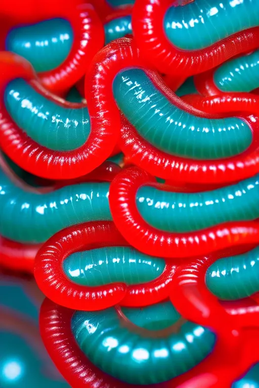 Image similar to high quality macro photo translucent gelatinous worms! gorgeous red dots highly detailed hannah yata elson peter cinematic turquoise lighting high quality low angle hd 8k sharp shallow depth of field